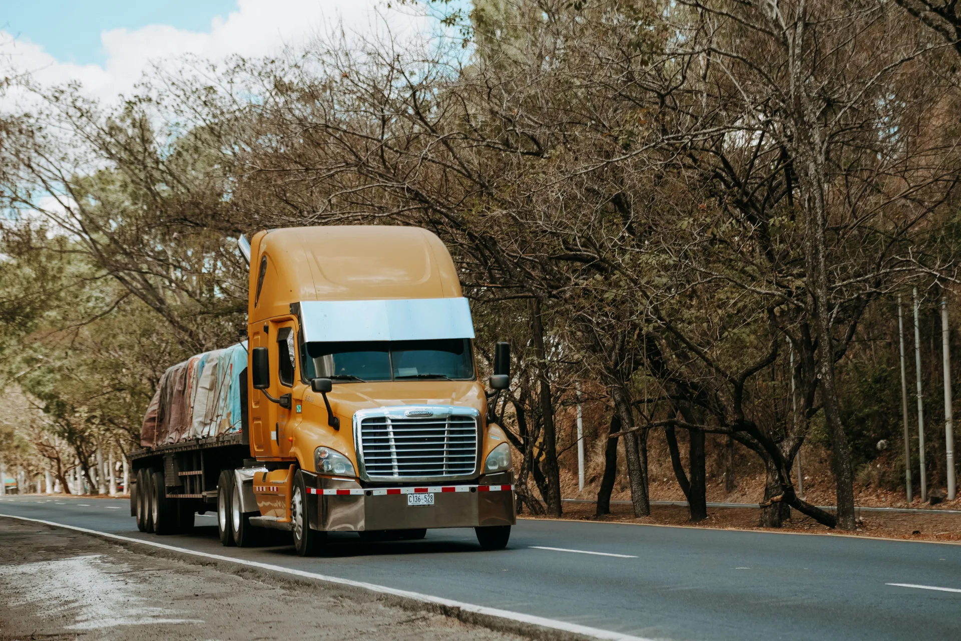 Eric Logistics semi truck hauling a flatbed load on a tree-lined highway